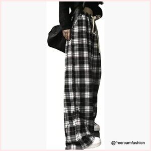 High Waisted Plaid Baggy Jeans Drawstring Pants Casual Streetwear Goth Grunge